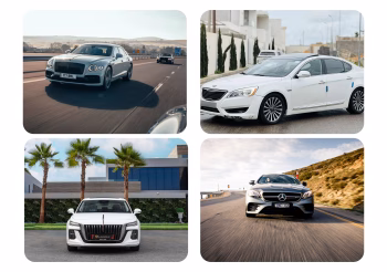 Luxury and budget rent a car in Dubai options, featuring high-end and economy vehicles on roads and in front of modern buildings.