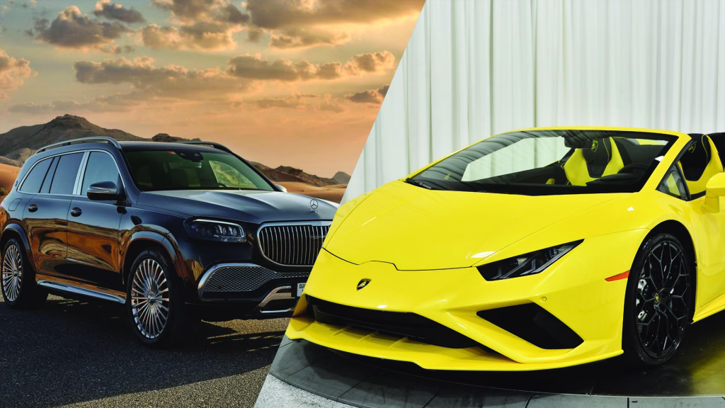 Luxury cars split-image: Black Mercedes-Maybach SUV in a desert setting and a yellow Lamborghini Huracán Spyder in a showroom.