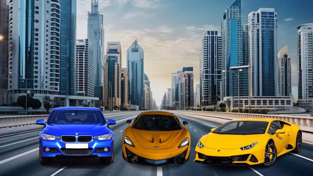 A stunning cityscape of Dubai with three luxury cars—a blue BMW, an orange McLaren, and a yellow Lamborghini—parked on an empty highway.