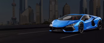 Blue Lamborghini sports car on a highway with a modern city skyline in the background, promoting sports car rental in Dubai.